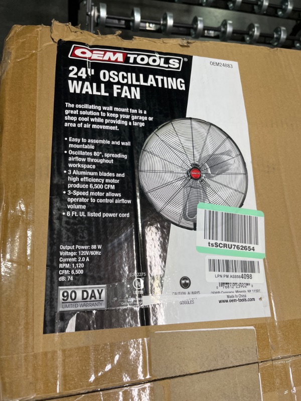 Photo 3 of OEMTOOLS OEM24883 24 Inch Oscillating Wall Fan, 6500 CFM Max. Industrial Wall Fan, 90 Degree Oscillating Clip Fan, 6 Ft. UL Listed Cord, Shop Wall Fan