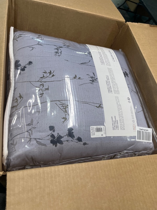 Photo 2 of Calvin Klein Home Printed King Comforter Set of 3 Pieces - 1 Comforter and 2 Sham Covers, 100% Cotton 300 Tc (Grey) King Dusk Wild Flower - Night Sky