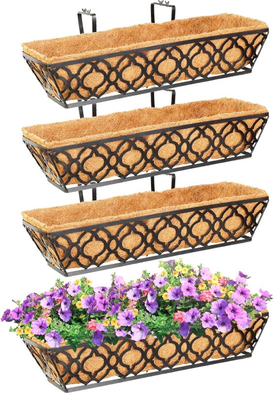 Photo 1 of 2B-GARDEN 24'' Window Deck Railing Planter Boxes with Coconut Liner (Pack 4), Window Basket Deck Railing Planter Boxes Metal Hanging Flower Planter for Outdoor Garden Fence Lawn