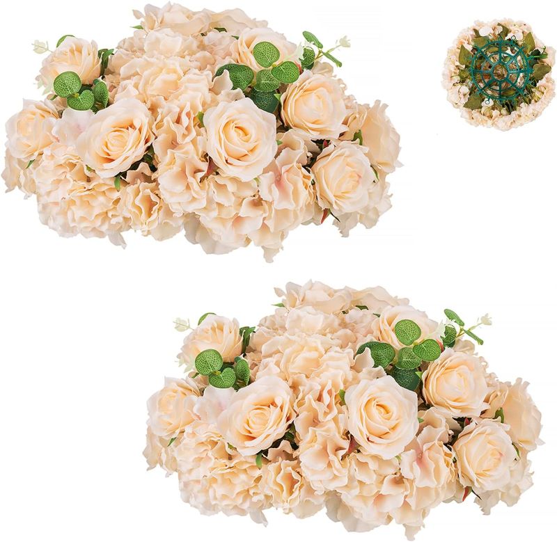 Photo 1 of Artificial Flower Balls Wedding Centerpieces: Blosmon 2pcs Large Champagne Fake Flowers Rose Hydrangea Ball Arrangement Center Pieces for Table Artificial...
