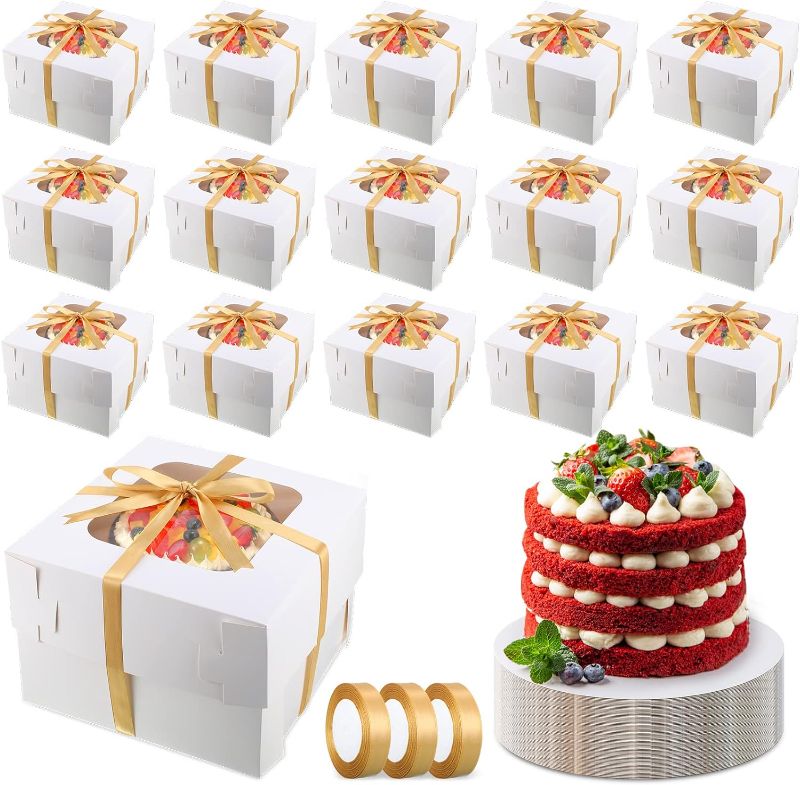 Photo 1 of 43 PcsCake Boxes Sets Clear Window Cake Boxes White Disposable Pastry Boxes with Ribbon Round Boards for Cookie Cupcake Pie Desserts Packaging Birthday Wedding
