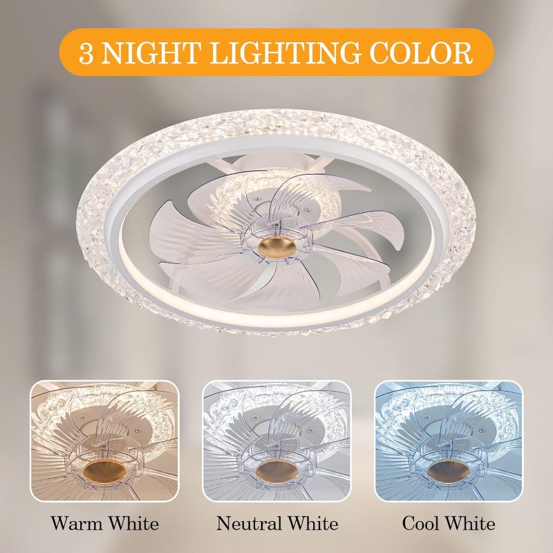 Photo 1 of TIFEROR 24" Low Profile Ceiling fans with Lights, 6 Wind Speeds Modern Dimmable LED Flush Mount Fan, Hidden Reversible Blades and Timing with Remote Control night light, for Bedroom, Living Room NL-white