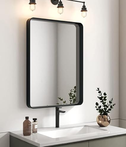 Photo 1 of 22x30Black Frame Bathroom Mirror for Wall, 30 x 22 Inch Rectangle Round Mirror, Matte Black Bathroom Vanity Mirror, Hands Farmhouse Mirror