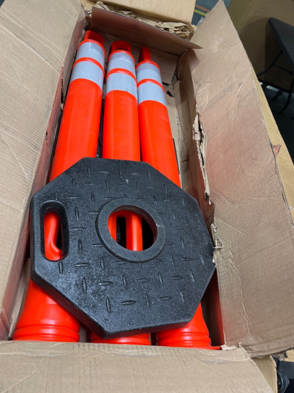 Photo 2 of 44" Delineator Post with Base - 3pk - T Top Orange Traffic Stanchion with 10" Reflective Band - 13 lb Octagonal Rubber Base - Security, Street...
