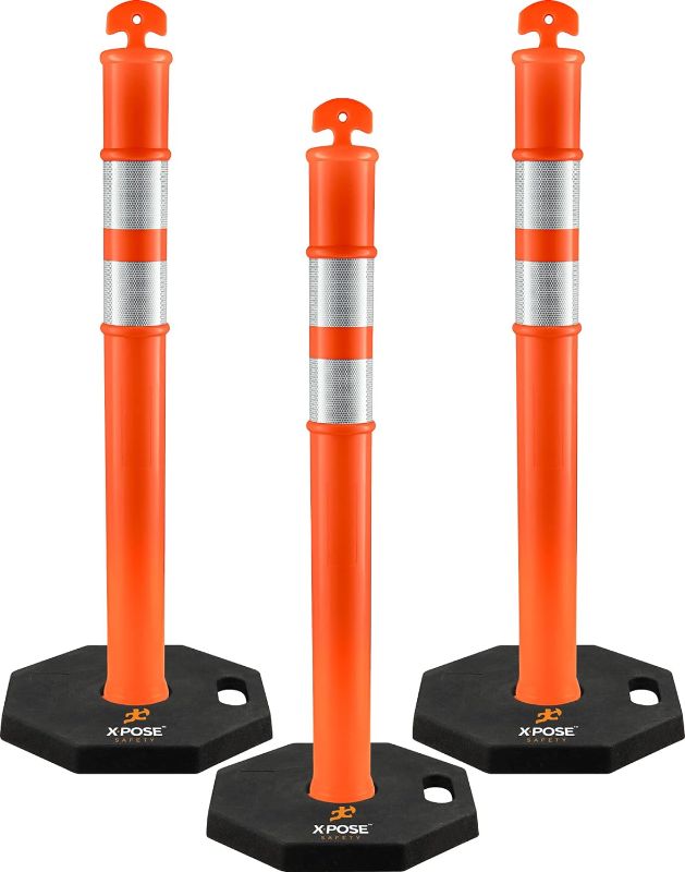 Photo 1 of 44" Delineator Post with Base - 3pk - T Top Orange Traffic Stanchion with 10" Reflective Band - 13 lb Octagonal Rubber Base - Security, Street...
