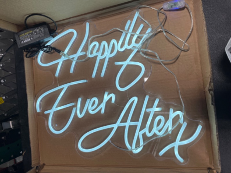 Photo 3 of Happily Ever After Neon Sign with Dimmer, Large LED Personalized Neon Signs for Wall Decor Room Bedroom Bar Wedding Party Lover Friend Gifts Decoration 3D Neon Light Sign, Cold White 21.3 X 17.3 Inch Happily Ever After- cold white