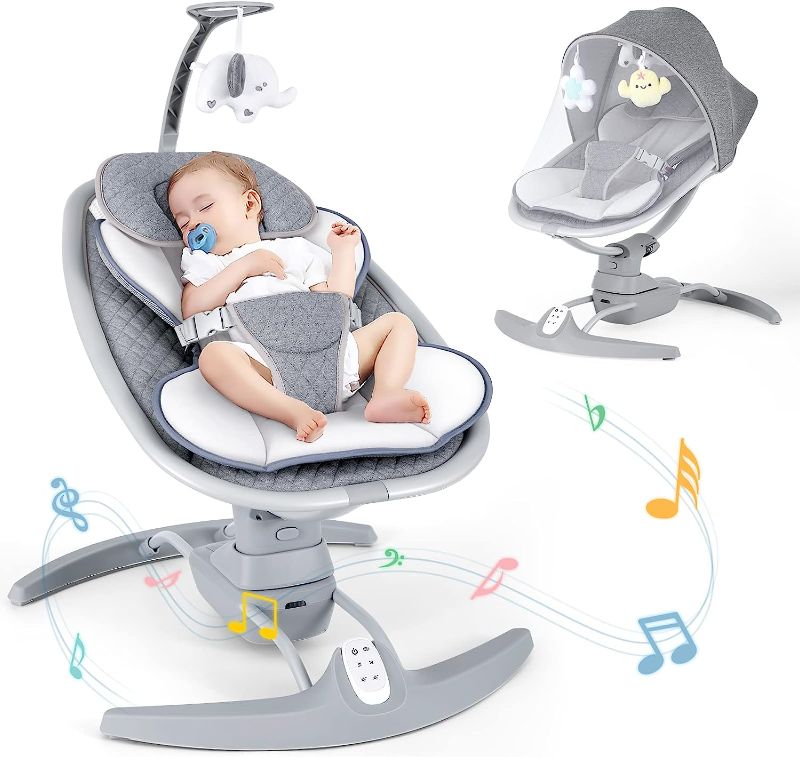 Photo 1 of Baby Swings for Infants, Electric Portable Baby Swing by Remote 3 Swing Speeds and Music Speaker, Adjustable Recline Baby Bouncer with Harness Belt Suitable...
