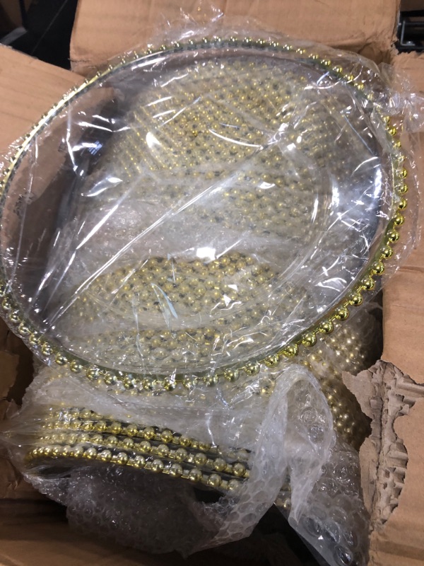 Photo 1 of 50 Pcs Clear Charger Plates 13 Inch Plastic Round Dinner Plates with Beaded Rim Dinner Table Decorative Plates for Home Wedding Kitchen Birthday Bridal Shower Party Dinner Table Supply (Gold)