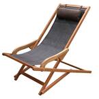 Photo 1 of Dark Brown Foldable Sling and Eucalyptus Outdoor Lounge Chair with Head Pillow