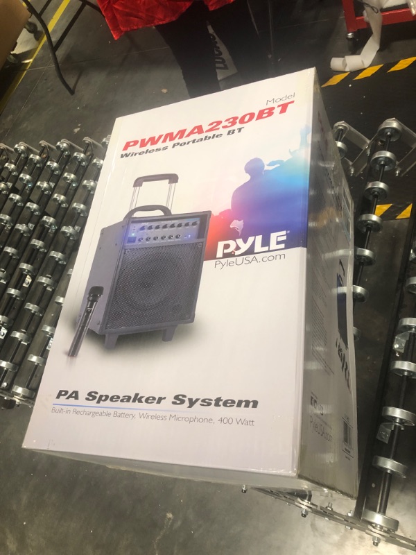 Photo 1 of Pyle Wireless Portable PA System-400W Bluetooth Compatible Rechargeable Battery Powered Outdoor Sound Stereo Speaker Microphone Set w/Handle, Wheels-1/4 to AUX, RCA Cable (PWMA230BT)