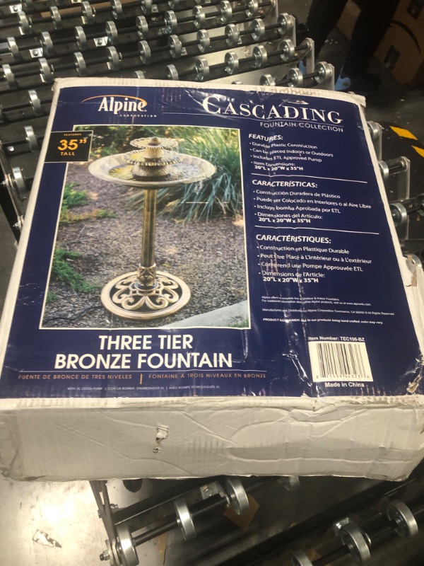 Photo 3 of Alpine Corporation TEC106-BZ Alpine Floor Fountain, 35", Bronze & 27" Tall 2-Tier Barrel and Pump Waterfall Fountain, Bronze Finish