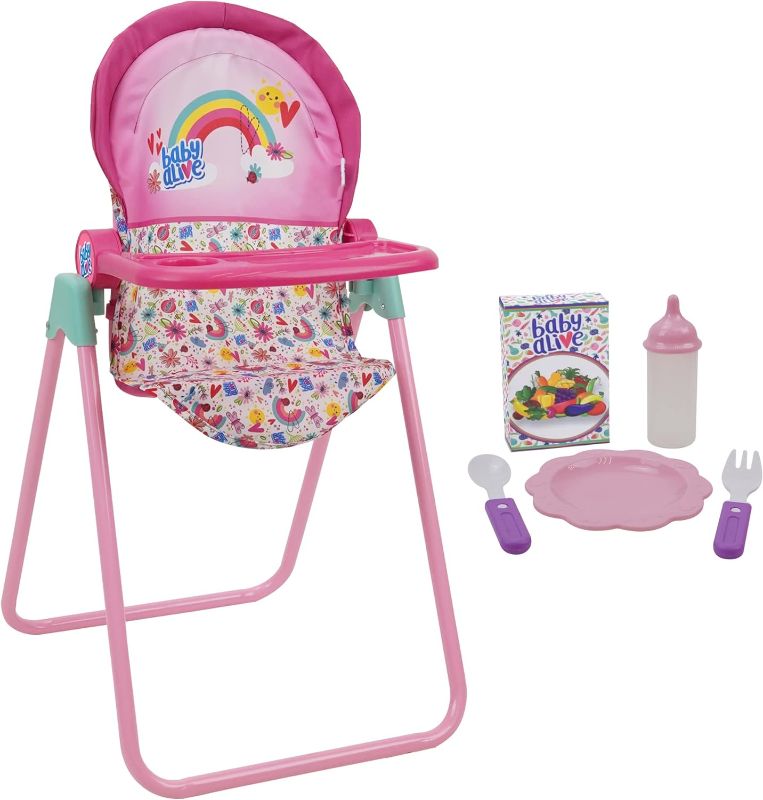 Photo 1 of Baby Alive 509 Crew Doll High Chair Set - Pink & Rainbow - 6 Pieces, Fits Dolls Up to 24", Highchair w/Front Feeding Tray 