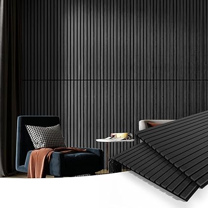 Photo 1 of Art3d 2 Wood Slat Acoustic Panels for Wall and Ceiling - 3D Fluted Sound Absorbing Panel with Wood Finish - Matte Black
