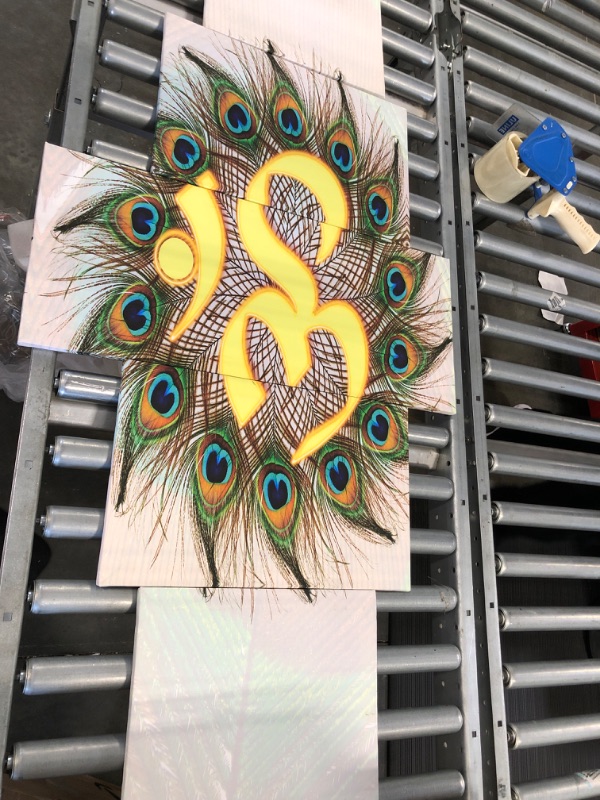 Photo 1 of Sanskrit Aum Pictures for Living Room Hinduism Religious Paintings Peacock Feathers Artwork Multi Panel Prints on Canvas Yoga Wall Art Modern House Decor Framed Giclee Ready to Hang(60''Wx40''H) 60”WX40”H Artwork-05