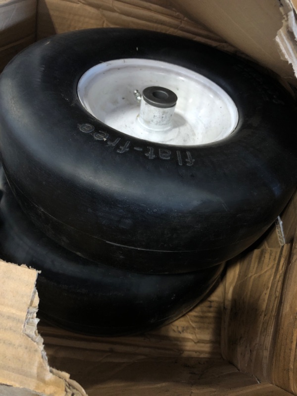 Photo 3 of 2 PCS Upgrade 13x5.00-6" Flat Free Lawn Mower Smooth Tire, Commercial Grade Lawn and Garden Mower Turf Replacement Solid Tire and Wheel with Steel Rim, 3/4" Grease Bushing and 3.25"-5.9" Centered Hub