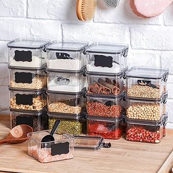 Photo 1 of 12 Pcs Airtight Spice Containers Set Clear Plastic Food Storage Containers with Lids Stackable Spice Jars with Spoon, Include 12 Labels and 12 Black Spoons for Kitchen Tea Coffee Cereal Pantry