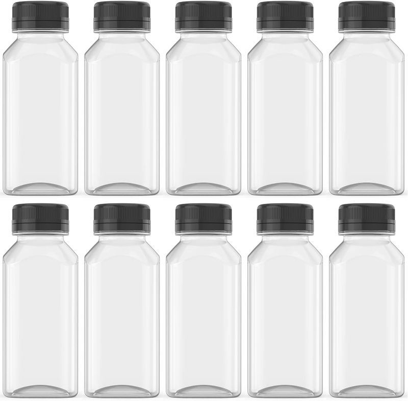 Photo 1 of ***WHITE LID ***HNXAZG 10 Pcs 8 Oz Plastic Juice Bottles Empty Clear Containers with Tamper Proof Lids for Juice, Milk and Other Beverage 8.0 ounces Rectangular 10 250ml