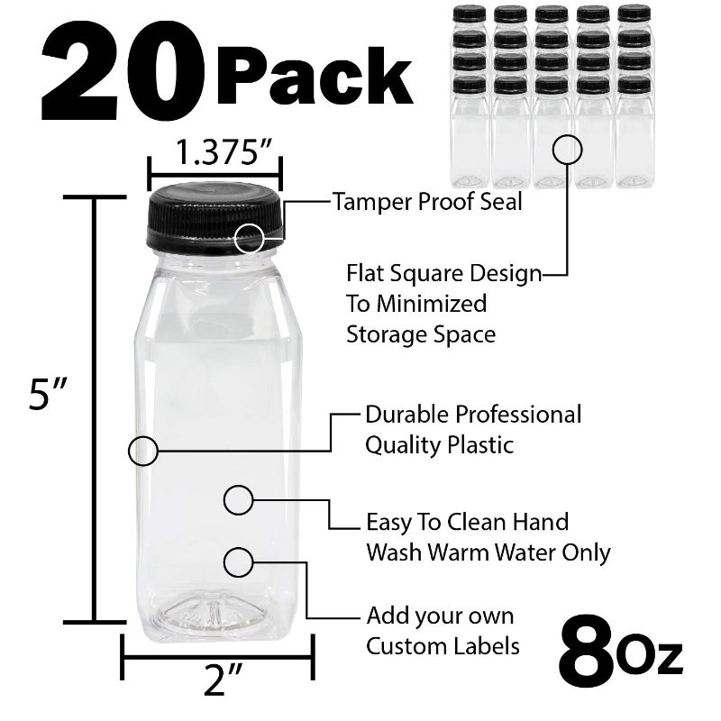 Photo 1 of  Empty PET Plastic Juice Bottles - Pack of 20 Reusable Clear Disposable Milk Bulk Containers with Funnel and Brush and Tamper Evident Caps (Black, 8 oz)