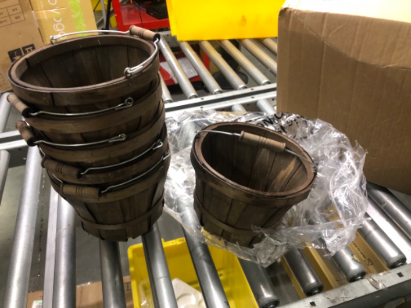 Photo 1 of 6 Pieces Wood Bucket Round Bushel Baskets Wood Fruit Buckets Farmers Market Harvest Basket Garden Basket with Metal Handles Wooden Buckets Food Service Display Baskets Barrel Basket