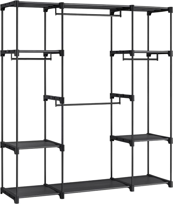 Photo 1 of  Clothes Wardrobe, Clothes Rack, Portable Closet, 95.0 x 19x16.5cm 4 Hanging Sections, with Compartments, Large Capacity, for Bedroom, Living Room, Laundry Room, Black RYG036B