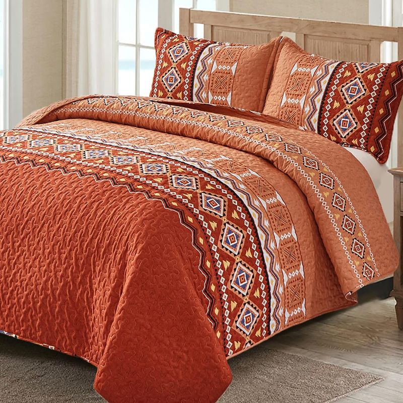 Photo 1 of Boho Quilt Set California Queen ,3 PCS Burnt Orange/Rust Quilt Bedspread Lightweight Geometry Printed Coverlet Set with 2 Pillowcase,Soft Bohemian Bedding Set 96x90