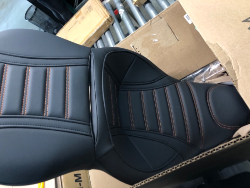 Photo 3 of Motorcycle Rider Passenger Seat One-Piece Seat Compatible with 2009-2022 Harley Touring Road King Ultra CVO Street Glide Road Glide Electra Glide (Orange Stitching A1)