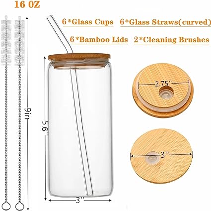 Photo 1 of 8 Pcs 16 oz Glass Cups with Lids and Straws Set Drinking Boba Cup Reusable Bubble Tea Cup Iced Coffee Cup Glass Tumbler