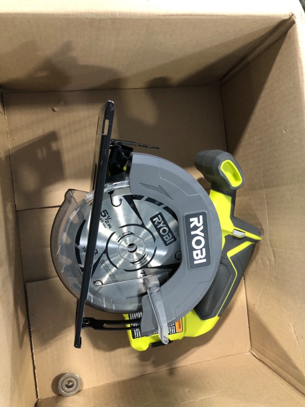 Photo 2 of ***MISSING RETAINING BOLT AND NO BATTERY*** Ryobi One P505 18V Lithium Ion Cordless 5 1/2" 4,700 RPM Circular Saw (Battery Not Included, Power Tool Only), Green
