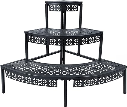 Photo 1 of aboxoo 3 Tier Plant Stand Flower Pot Rack, Metal Stair-Step Style Corner Shelf Planters, Quarter Round Display Holder for Indoor Outdoor Use(Black, Semicircle)
