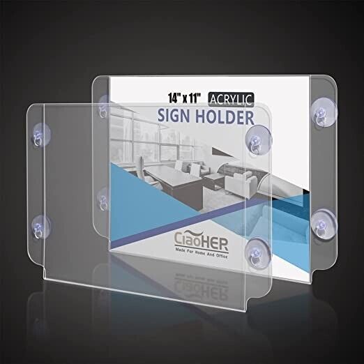 Photo 1 of Ciaoher Horizontal Acrylic Sign Holder 14" x 11" w/ Suction Cups 2 Pack NEW
