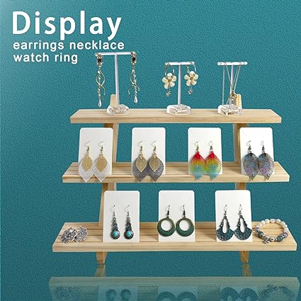 Photo 1 of Auroal 3 Tier Earring Display Stands For Selling, Retail Display Riser Earring, Ring Holder Stand, Removable Countertop Small Merchandise Display Stand, for Figures,Cupcake, Photo (Wood color white)
