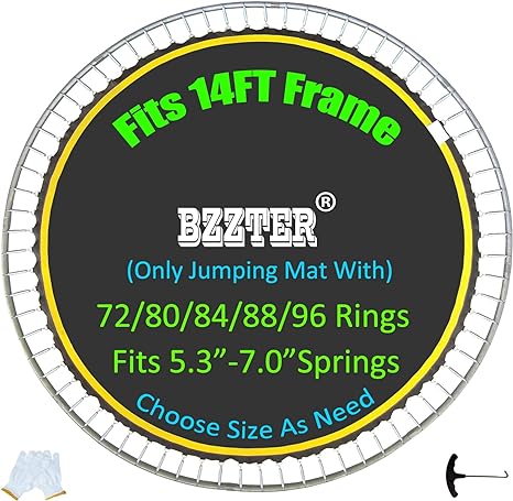 Photo 1 of Bzzter Trampoline Replacement Mat,Fits 14ft Round Frame,with 72 80 84 88 96 Rings for Choose,Fits 5.3-7 Inch Springs,10 Rows of Stitching,w/Pull Hook and Gloves,14ft Trampoline Mat
