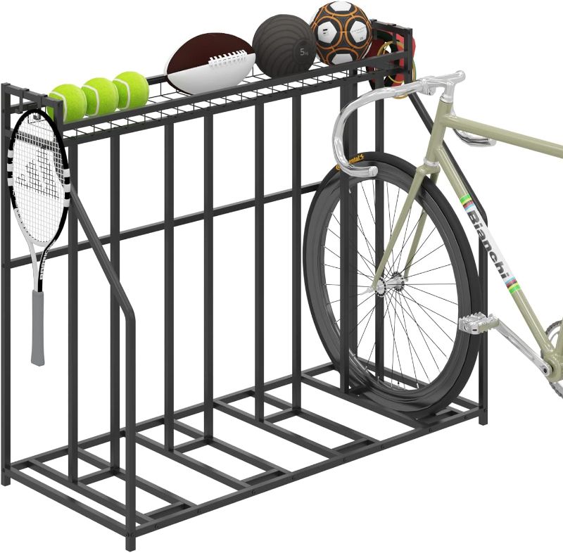 Photo 1 of YiLifebes Stand Bike Racks for Garage, 4 Bike Stand Rack with Storage Basket, Metal Floor Bike Parking, Garage Organizer Suitable for Mountain, Hybrid, Adult and Kids Bikes