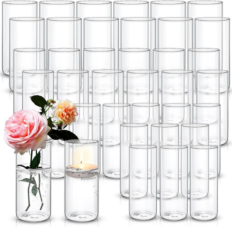 Photo 1 of Yaomiao 36 Pcs Glass Cylinder Vases for Wedding Centerpieces Multiple Size Clear Vases Hurricane Floating Candle Holders Flower Plant Pillar Vases for Wedding Table Home Decorations (8 Inch Tall)