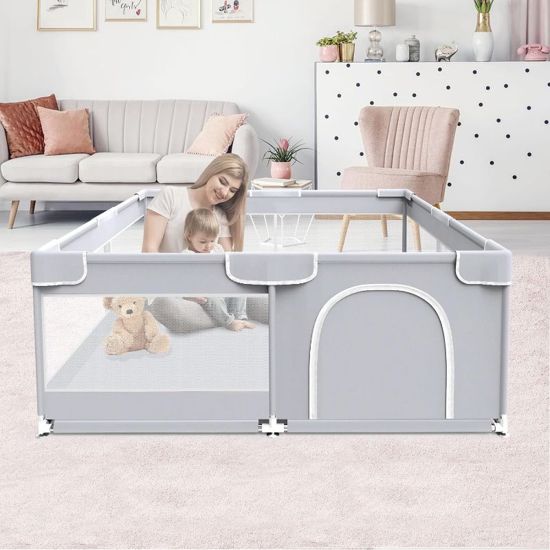 Photo 1 of Fshibila Baby Playpen, Baby Playard for Babies and Toddlers, Baby Fence Play Pens for Indoor & Outdoor, Sturdy Safety Play Yard with Soft Breathable Mesh, Anti-Fall, 50 * 50 * 27 inches Grey