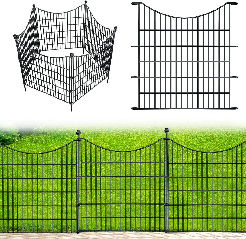 Photo 1 of 5 Panels 32 In(H) X 12ft(L) No Dig Decorative Outdoor Garden Fence for Yard, Animal Barrier Fencing Rustproof Metal Wire Panel Border for Dog, Rabbits, and Patio Temporary Ground Stakes Defense- Black