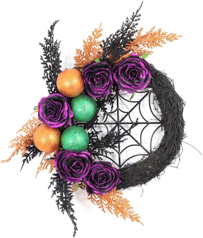 Photo 1 of 2023 Halloween Wreaths for Front Door LED Light Up Halloween Door Wreaths with Balck Rose Ball Maple Leaf Rustic Hanging Halloween Door Decorations for Home Office Indoor ? Outdoor (A)