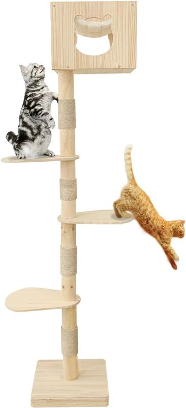 Photo 1 of 4 Tier Steps Tall Cat Tree, 74.5 Inch Wood Cats Climbing Tower for Large Cats, Cat Wall Shelf Vertical with Natural Sisal Rope and Perch Hammock