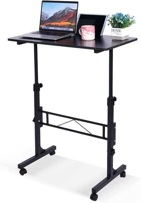 Photo 1 of Standing Desk Adjustable Height, Mobile Stand Up Desk with Wheels Small Computer Desk Rolling Desk, Portable Laptop Desk Black Standing Table Sit Stand Home Office Desks 16"x31.5" Height 27"-43.5"