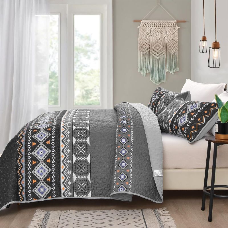 Photo 1 of 
Boho Quilt Set King,Black Grey Bedspread Coverlet Set with 2 Pillowcase,Lightweight Geometry Printed Bohemian Bedding Set 104"×90"