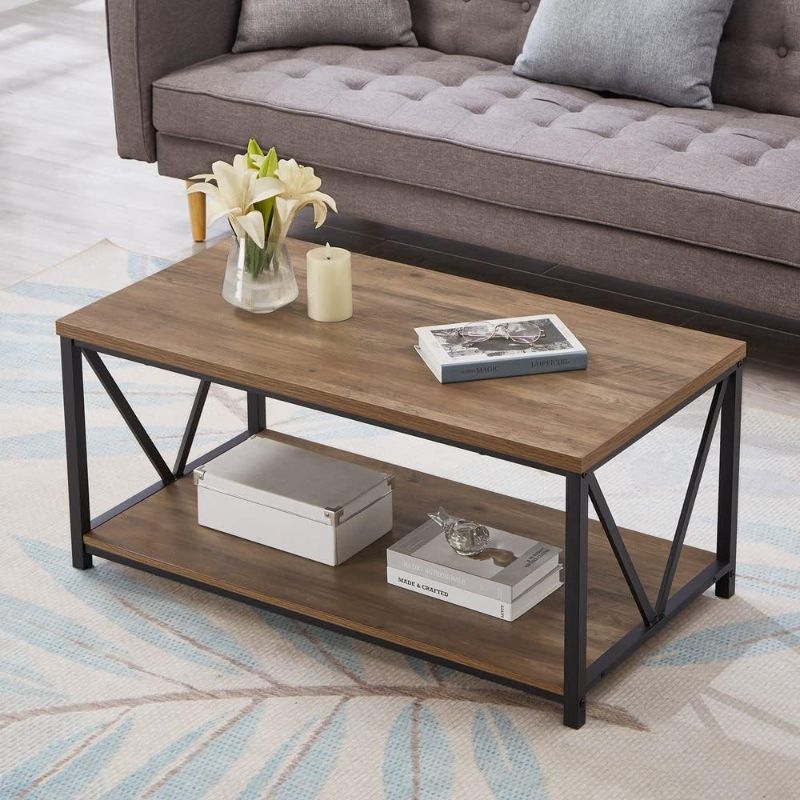 Photo 1 of 
FOLUBAN Rustic Coffee Table with Storage Shelf, Vintage Wood and Metal Cocktail Table for Living Room, Oak