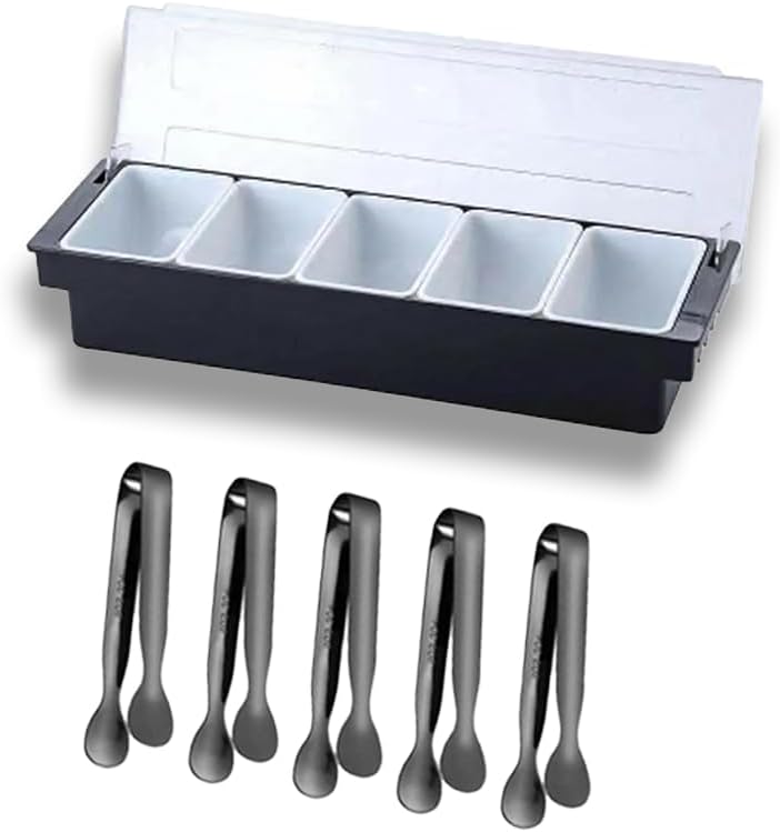 Photo 1 of 
AJs Supplies Serveware Set with Lid: 1 Condiment Caddy (19 x 5.5 x 4) with 5 Compartments and 5 Black Stainless Steel Serving Tongs | Excellent for Work,...
