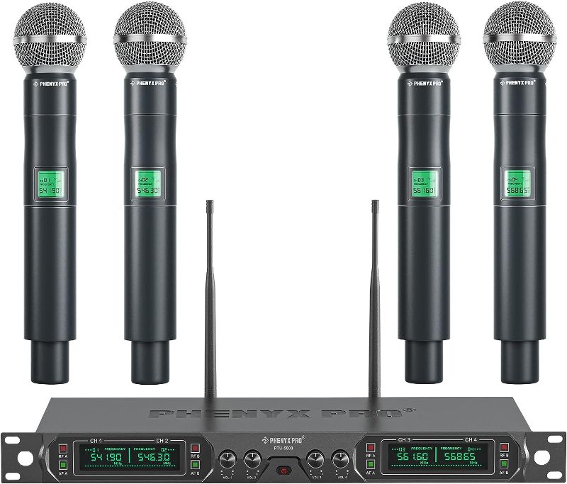 Photo 1 of 
Phenyx Pro Wireless Microphone System, 4-Channel UHF Wireless Mic, Fixed Frequency Metal Cordless Mic with 4 Handheld Dynamic Microphones, 260ft Range,...
