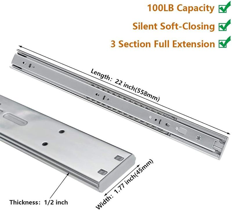 Photo 1 of 1 Pair Heavy Duty Drawer Slides 22 inch Soft Close Ball Bearing Drawer Slides - LONTAN 4502S3-22 Drawer Rails Heavy Duty 100 LB Capacity Full Extension Drawer Slides