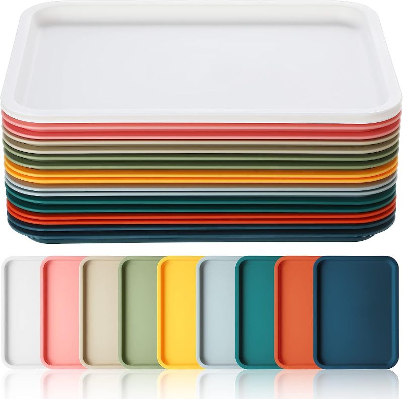 Photo 1 of 18 Pcs Plastic Fast Food Trays Bulk Colorful Restaurant Serving Trays Cafeteria Trays Grill Tray School Lunch Trays Rectangular Serving Platter for Kitchen Hotel Restaurant, 9 Colors (9 x 12 Inch)