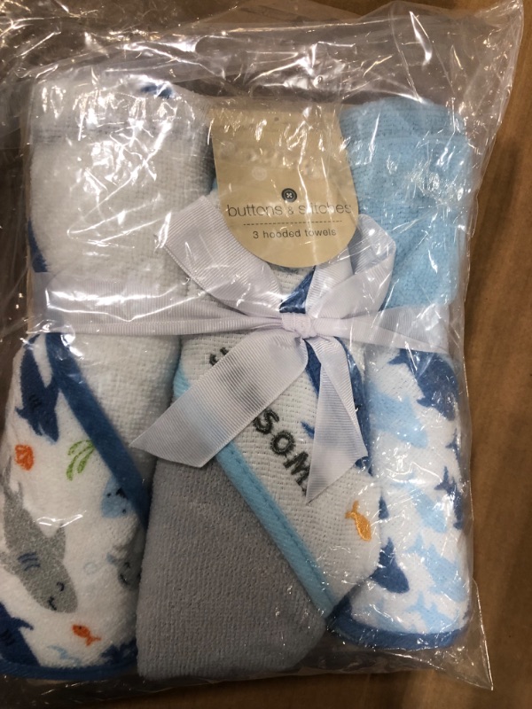 Photo 2 of Cudlie Buttons & Stitches Baby Boy 3 Pack Rolled/Carded Hooded Towels in Jawsome Print (GS71723) Jawsome 3 Pack hooded towel