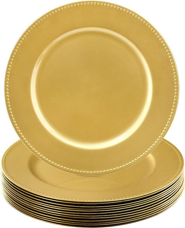 Photo 1 of **Missing 1 Plate** Okllen 12 Pack Plastic Gold Charger Plates, 13" Round Beaded Charger Plates Decorative Dinner Chargers, Embossed Charger Serving Plates for Wedding, Catering Event, Tabletop Decor