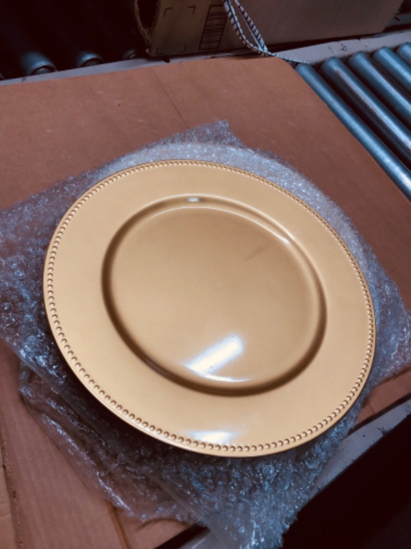 Photo 3 of **Missing 1 Plate** Okllen 12 Pack Plastic Gold Charger Plates, 13" Round Beaded Charger Plates Decorative Dinner Chargers, Embossed Charger Serving Plates for Wedding, Catering Event, Tabletop Decor