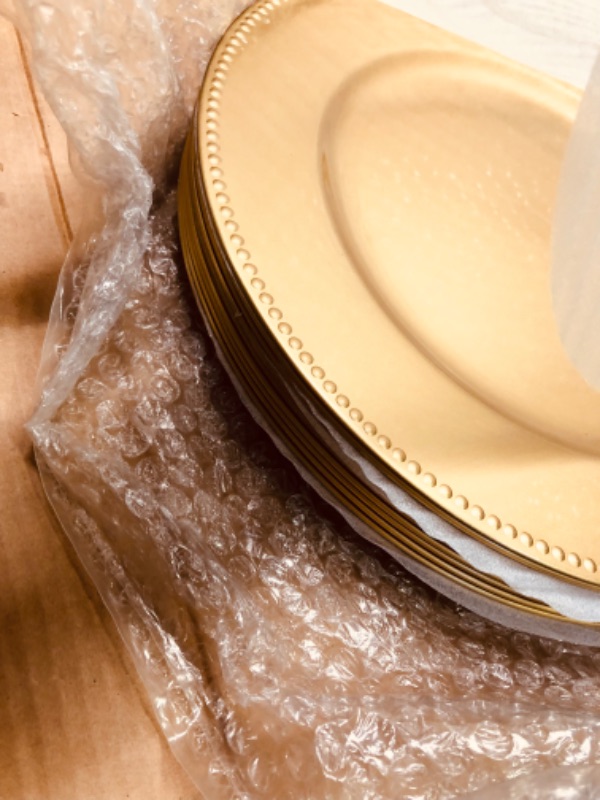 Photo 1 of **Missing 1 Plate** Okllen 12 Pack Plastic Gold Charger Plates, 13" Round Beaded Charger Plates Decorative Dinner Chargers, Embossed Charger Serving Plates for Wedding, Catering Event, Tabletop Decor