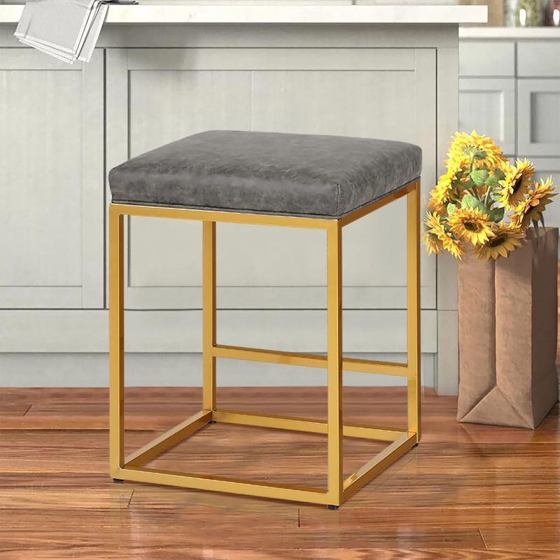 Photo 1 of ALPHA HOME 24” Bar Stool Counter Height Stool PU Leather with Square Cushion Backless Kitchen Dining Cafe Chair with Footrest Sturdy Chromed Gold Metal Steel Frame,Grey,1PC.